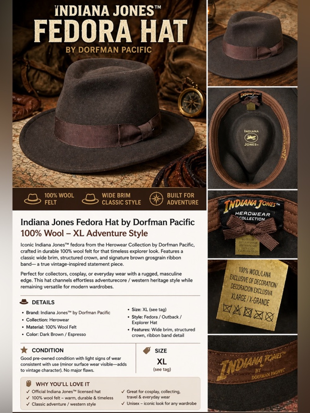 Dorfman Pacific 100% Wool Fedora Hat Indiana Jones  Size‎ XL Adventure Style - Picture 2 of 13